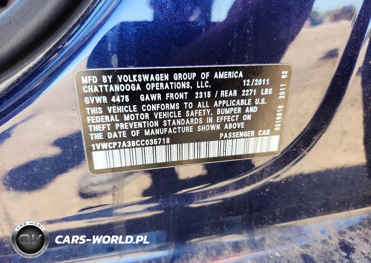 2012 Volkswagen Passat VIN:1VWCP7A38CC035718 - 12