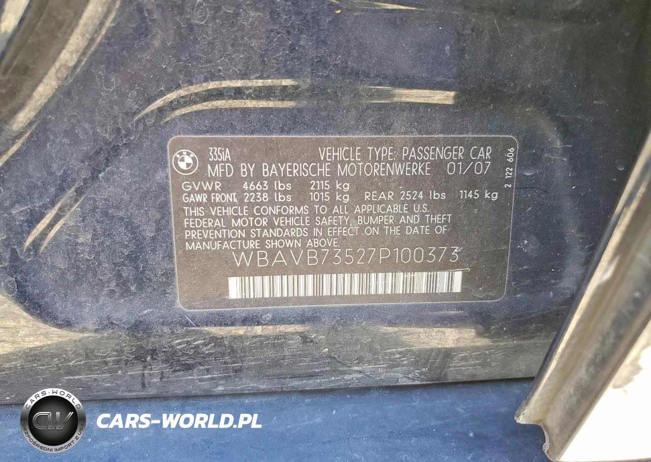 2007 BMW 335 I VIN:WBAVB73527P100373 - 12