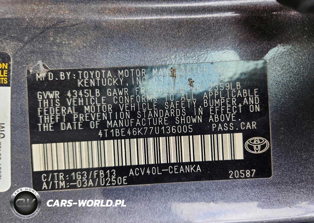 2007 Toyota Camry Le VIN:4T1BE46K77U136005 - 12