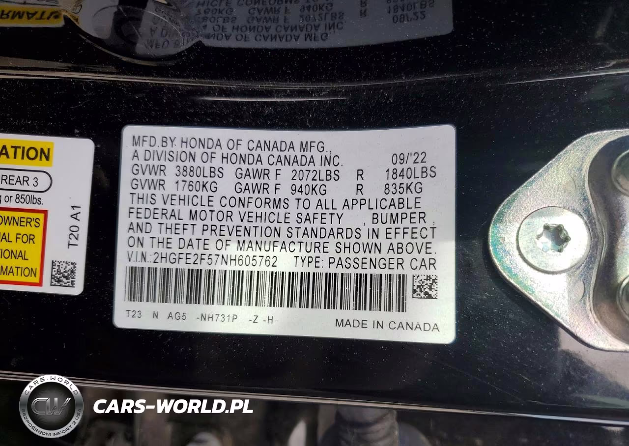 2022 Honda Civic Sport VIN:2HGFE2F57NH605762 - 12