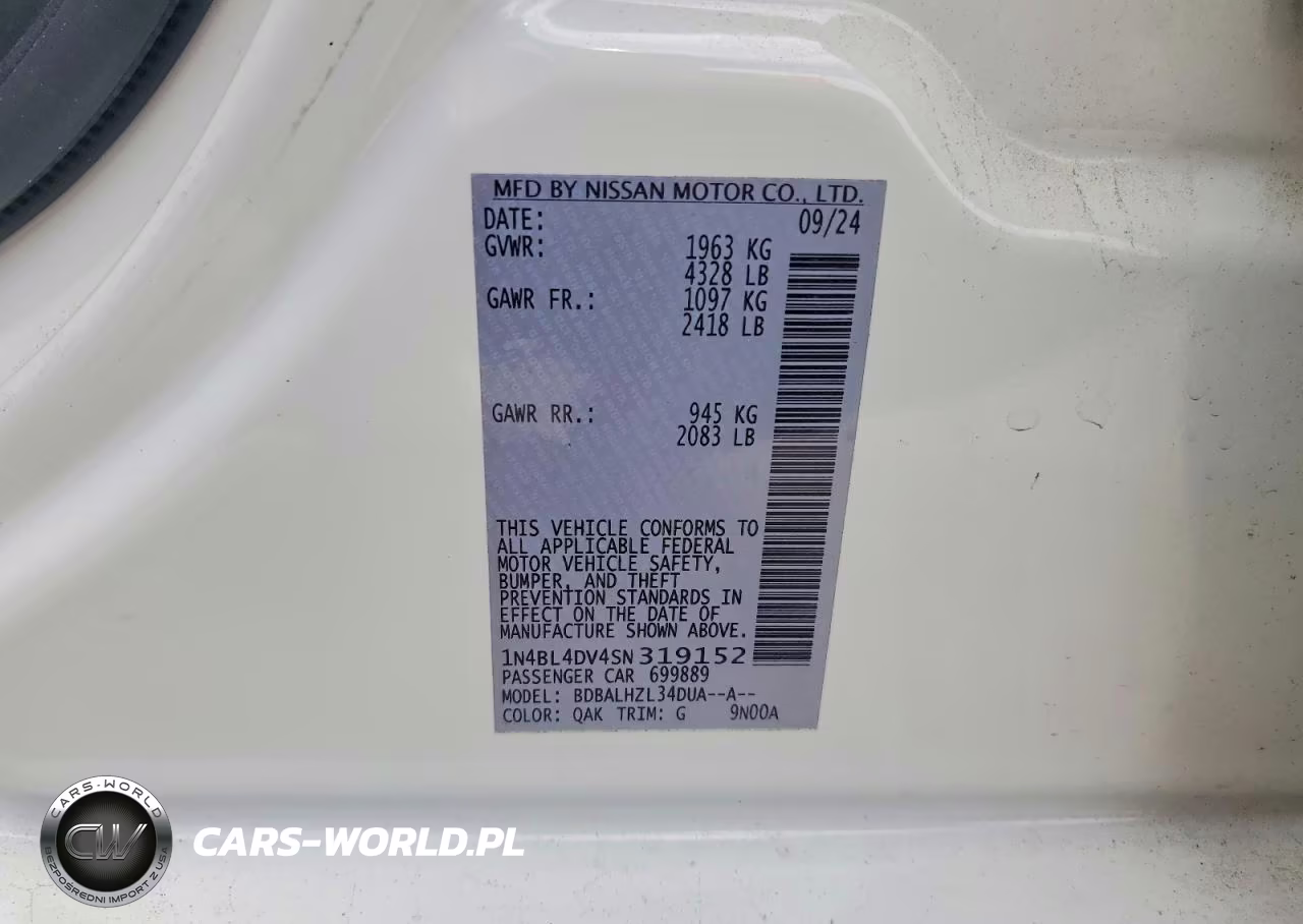 2025 Nissan Altima Sv VIN:1N4BL4DV4SN319152 - 12