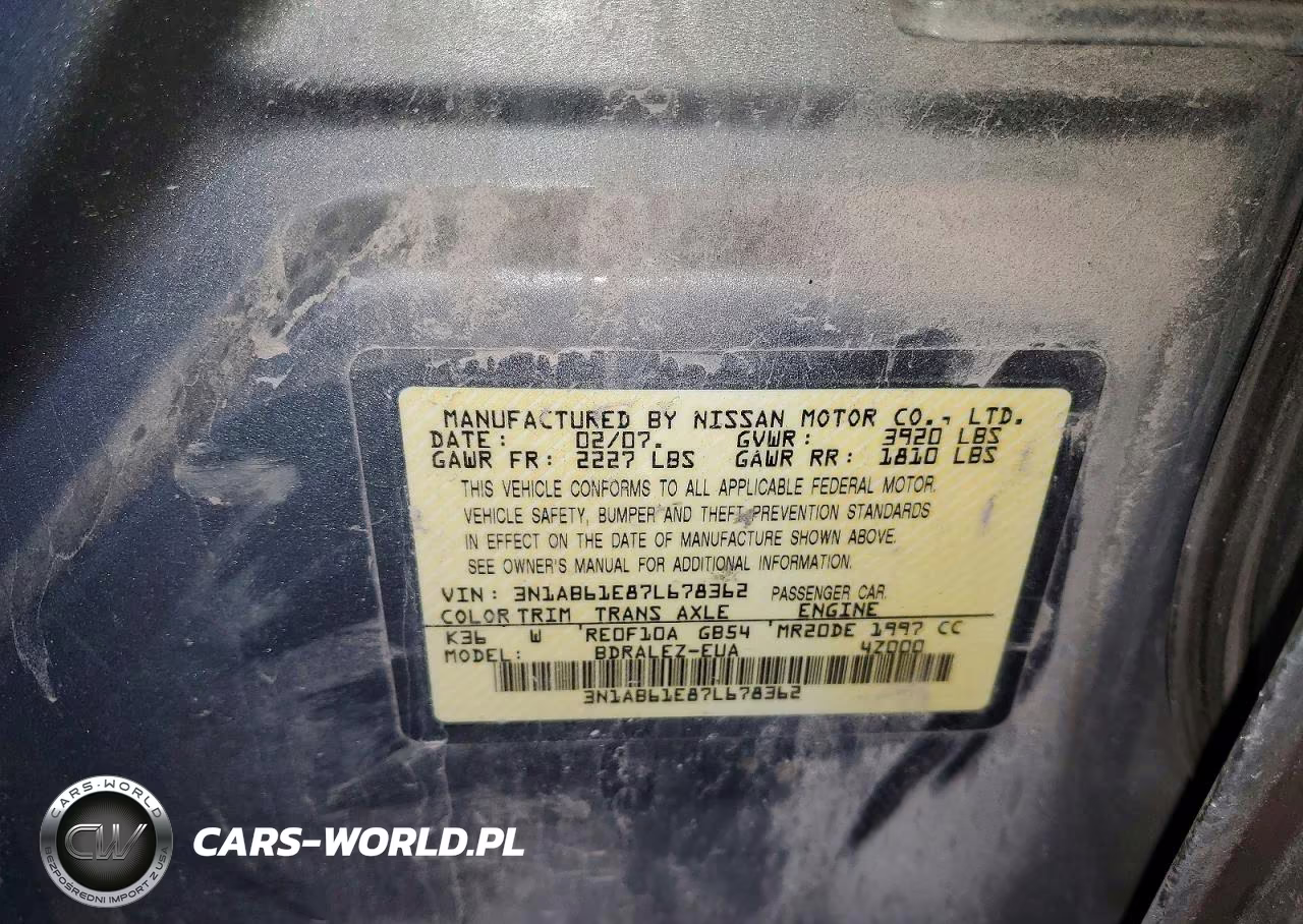 2007 Nissan Sentra 2.0 VIN:3N1AB61E87L678362 - 13