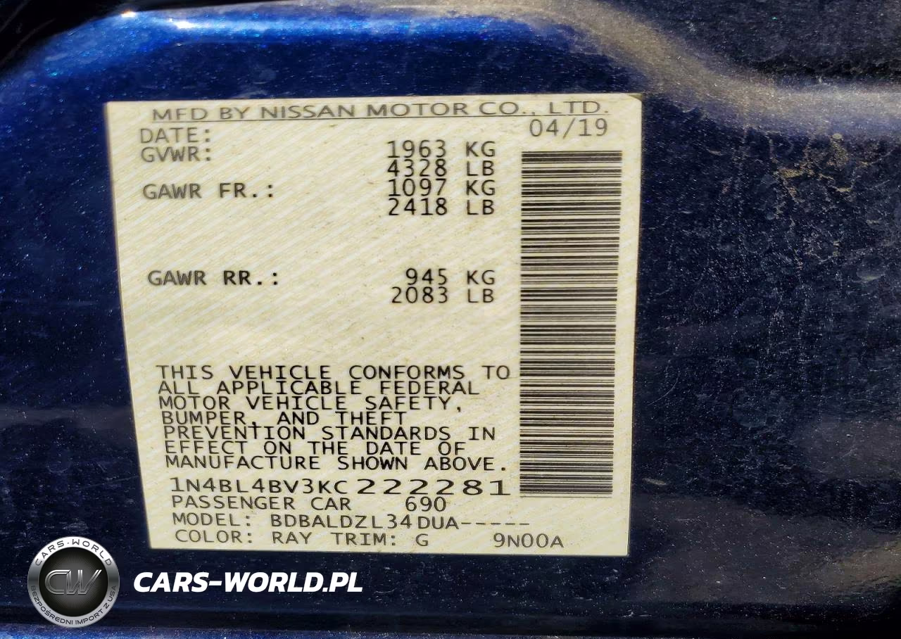 2019 Nissan Altima S VIN:1N4BL4BV3KC222281 - 12