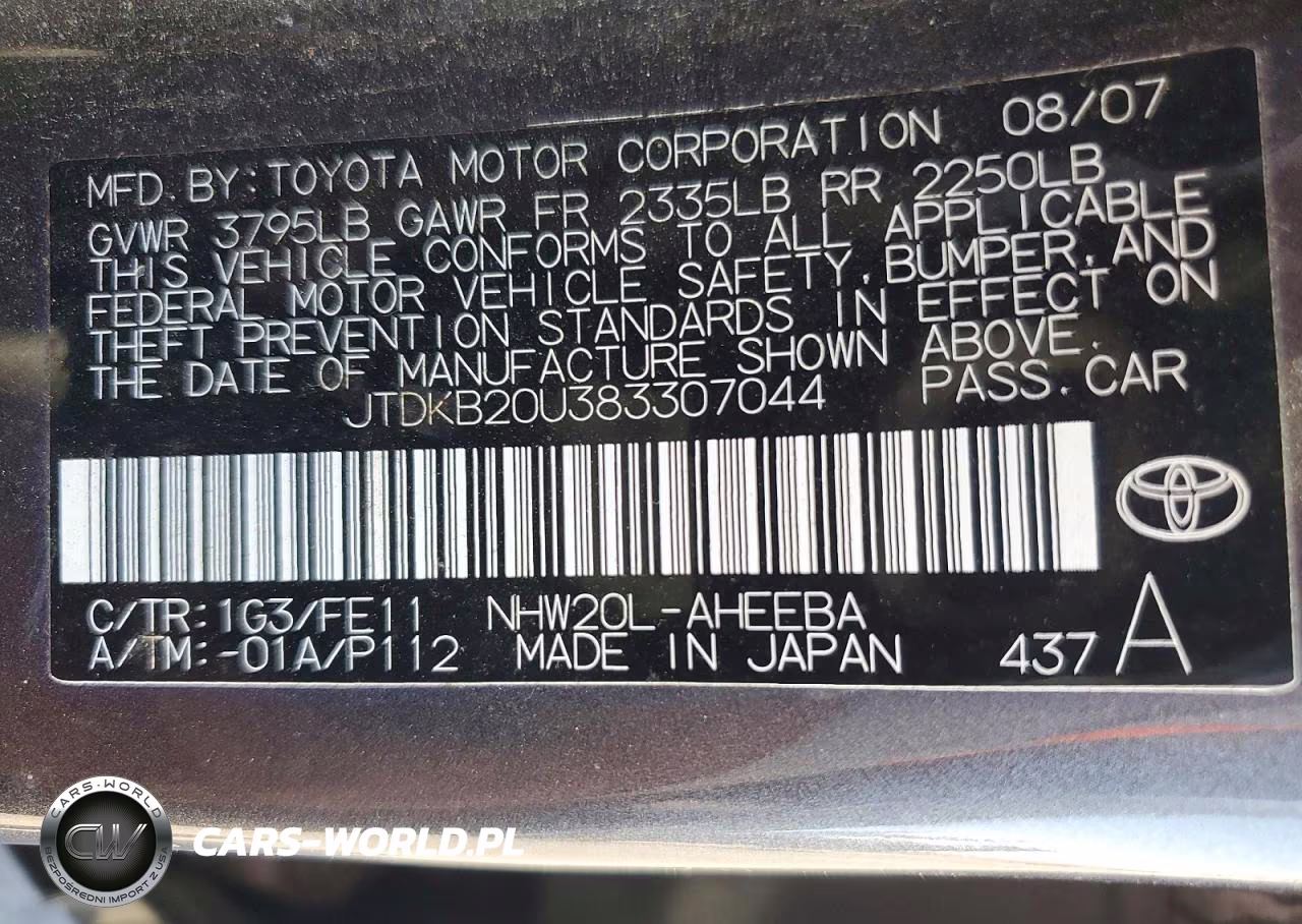 2008 Toyota Prius Base VIN:JTDKB20U383307044 - 12