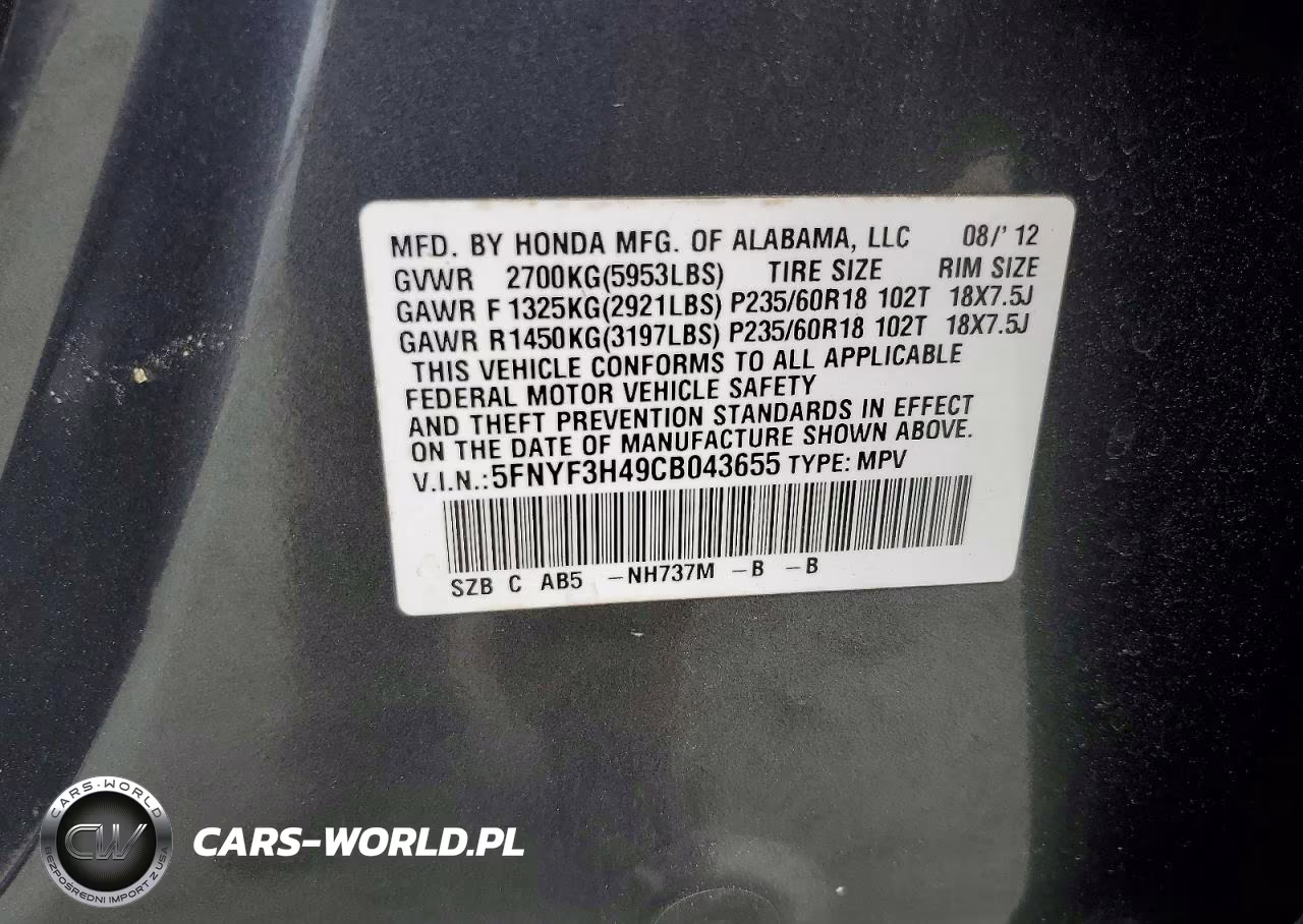 2012 Honda Pilot VIN:5FNYF3H49CB043655 - 13