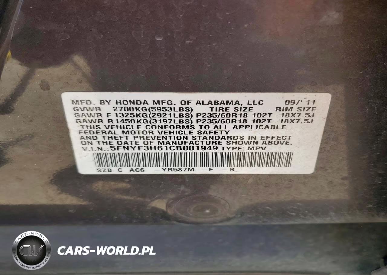 2012 Honda Pilot Exl VIN:5FNYF3H61CB001949 - 13
