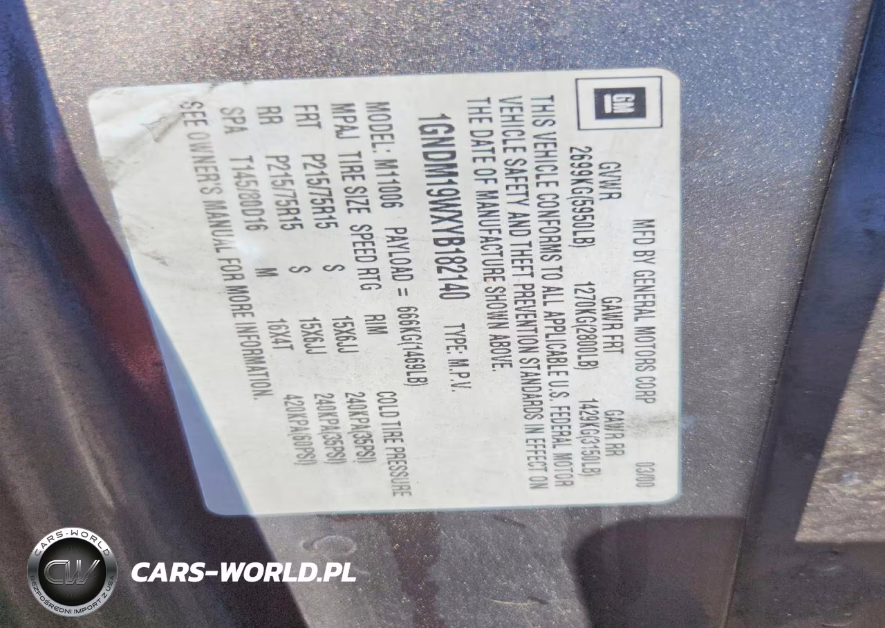 2000 Chevrolet Astro VIN:1GNDM19WXYB182140 - 13