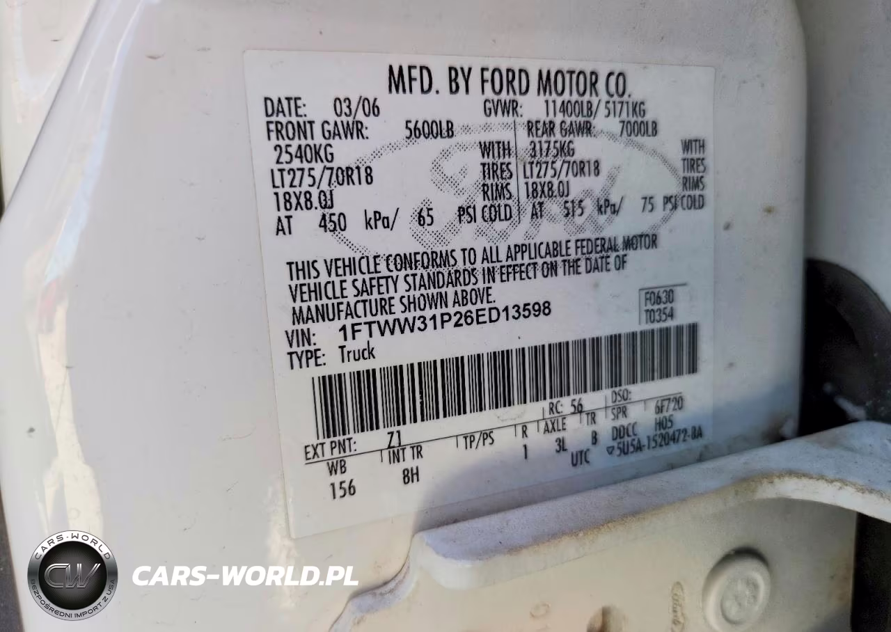 2006 Ford F350 Srw Super Duty VIN:1FTWW31P26ED13598 - 13