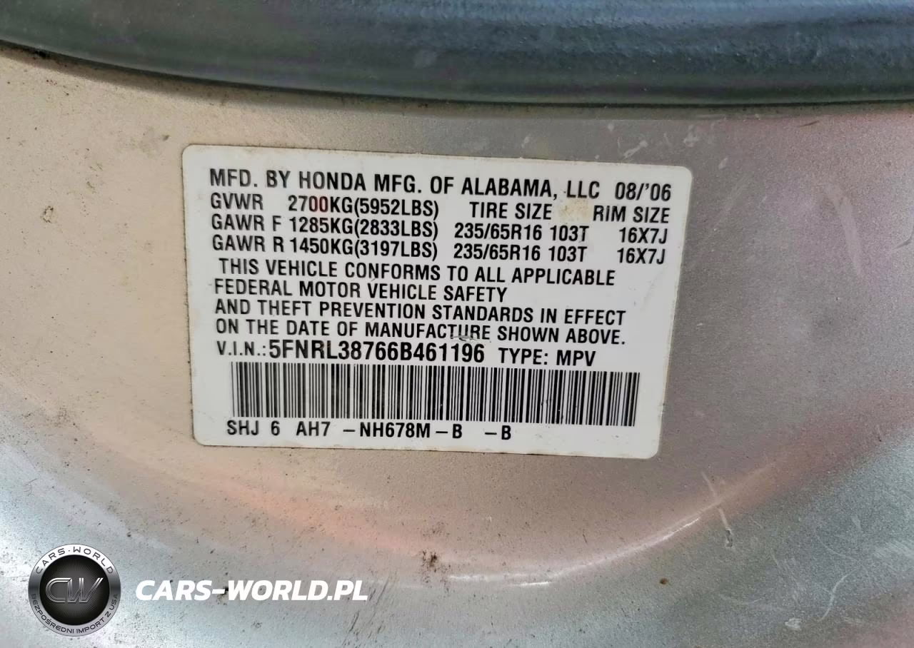 2006 Honda Odyssey Exl VIN:5FNRL38766B461196 - 13