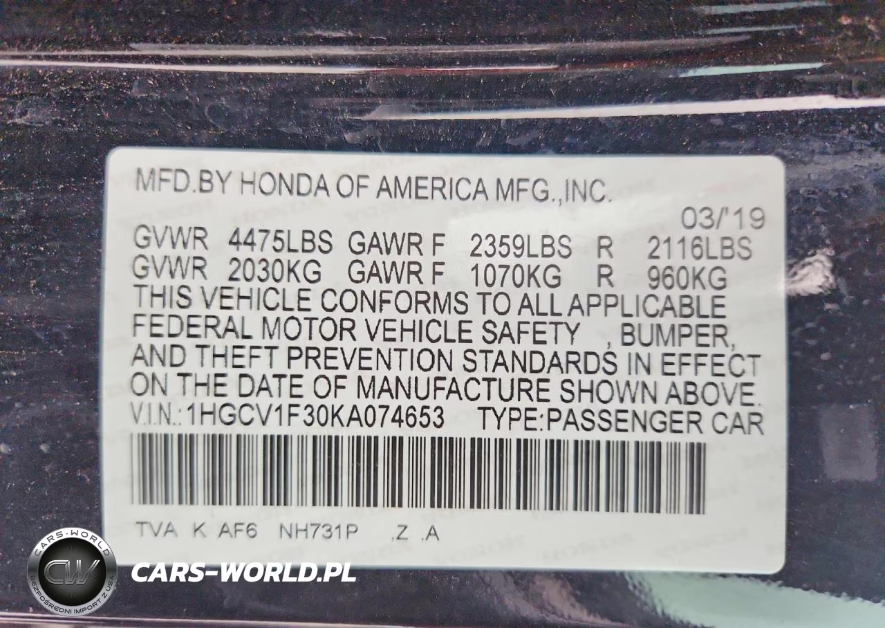2019 Honda Accord Sport VIN:1HGCV1F30KA074653 - 12