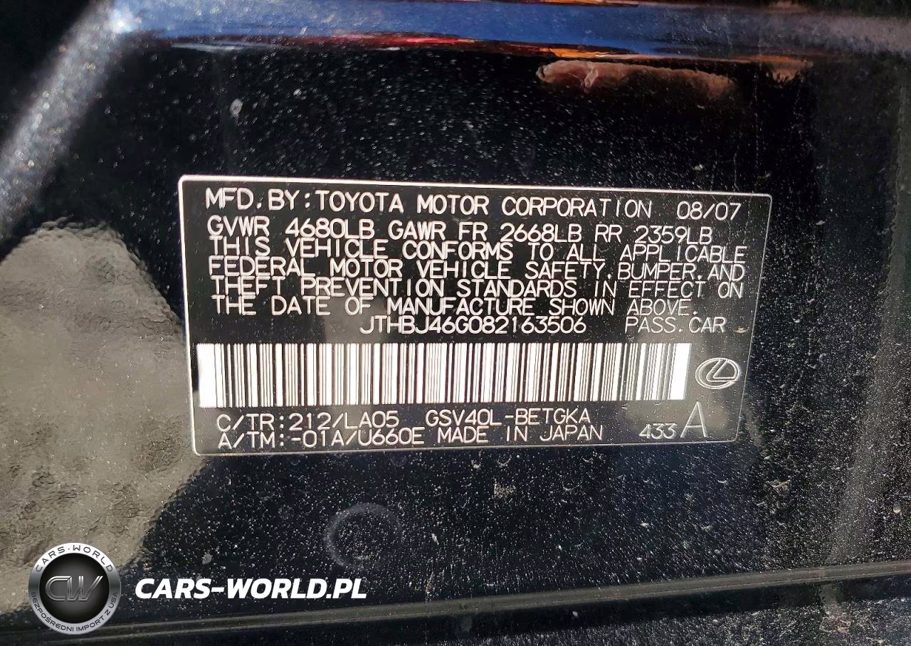 2008 Lexus Es 350 Base VIN:JTHBJ46G082163506 - 13