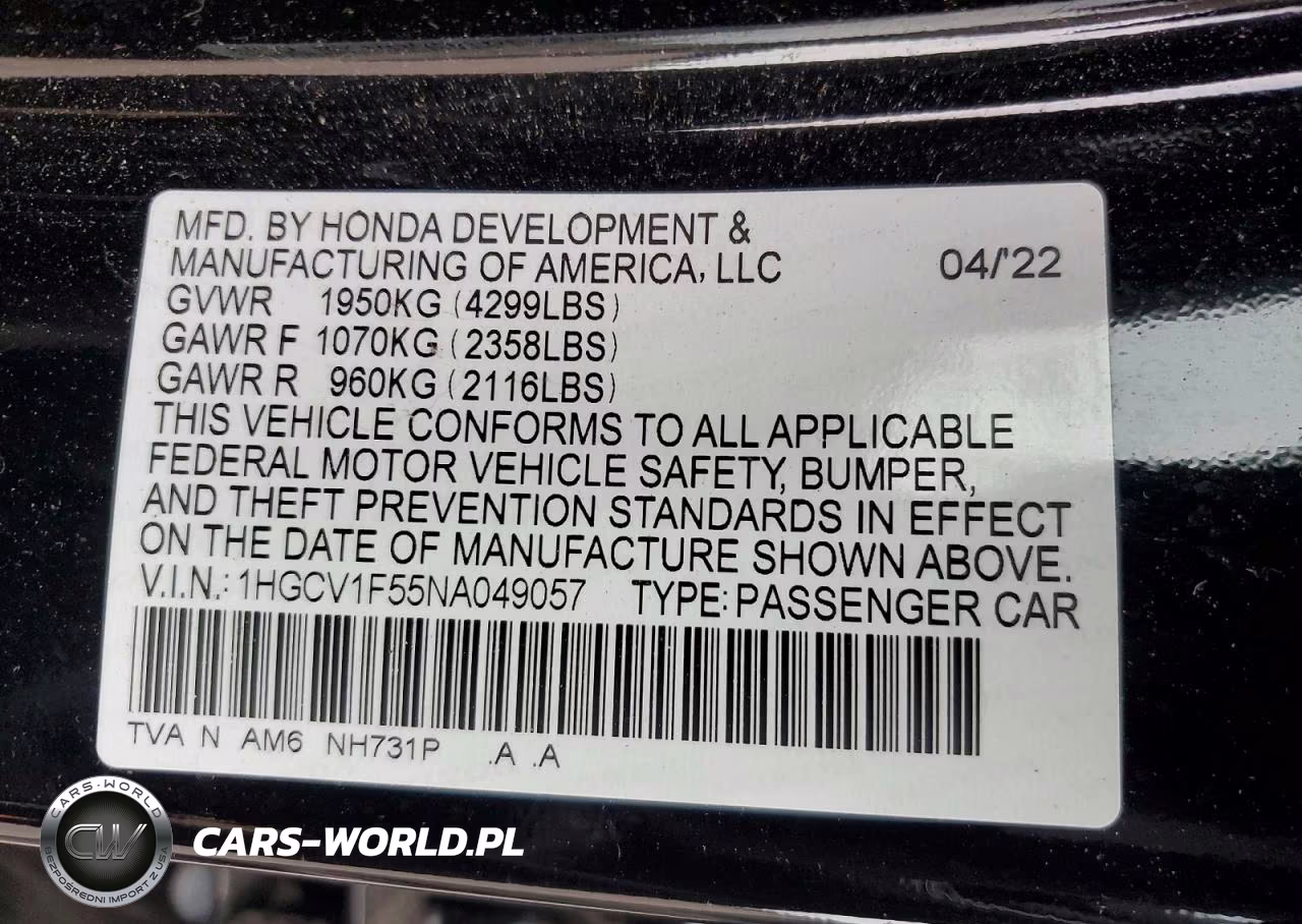 2022 Honda Accord Exl VIN:1HGCV1F55NA049057 - 12