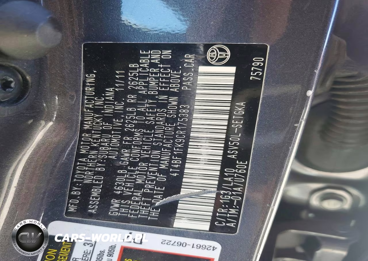 2012 Toyota Camry Xle VIN:4T4BF1FK9CR175383 - 12
