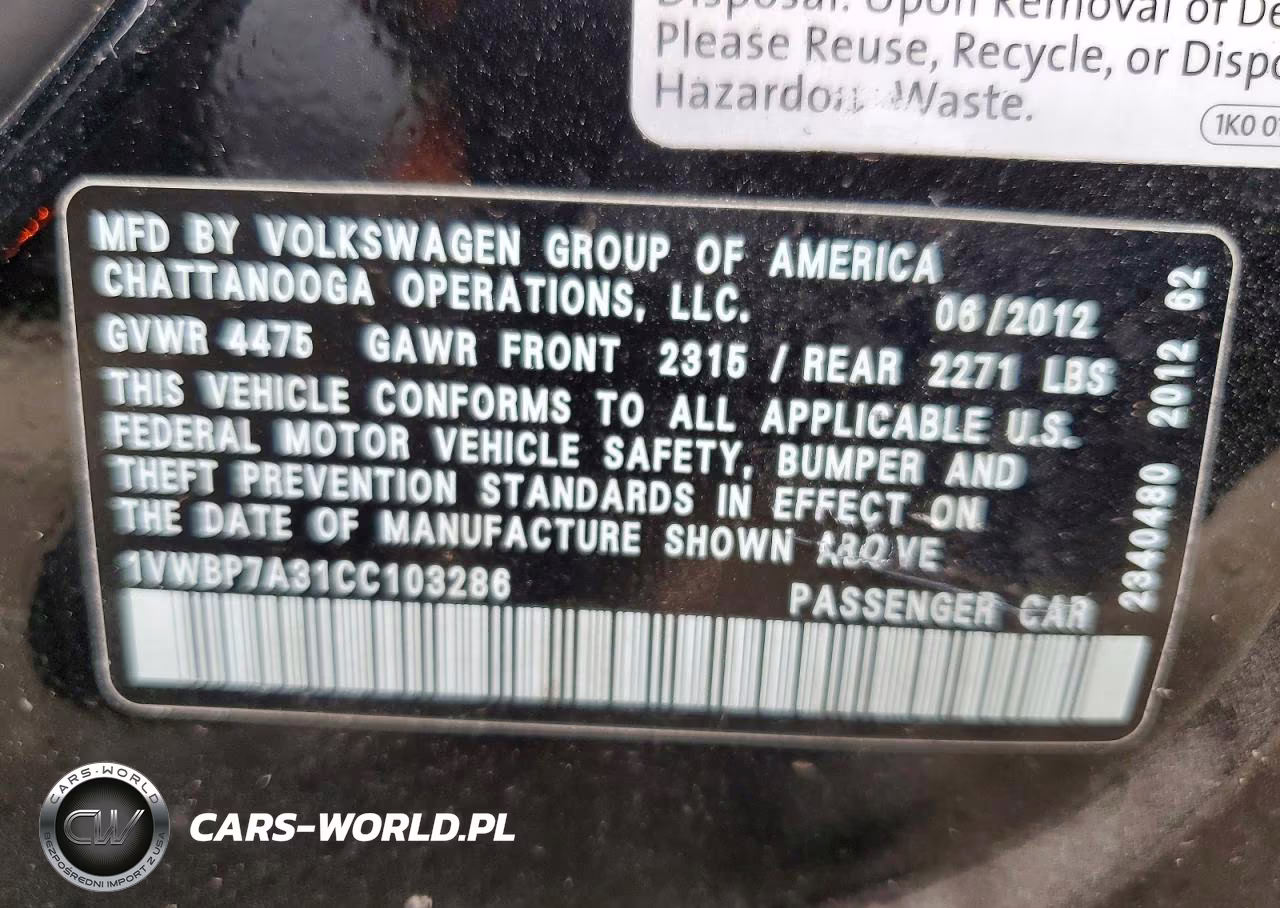 2012 Volkswagen Passat Se VIN:1VWBP7A31CC103286 - 12