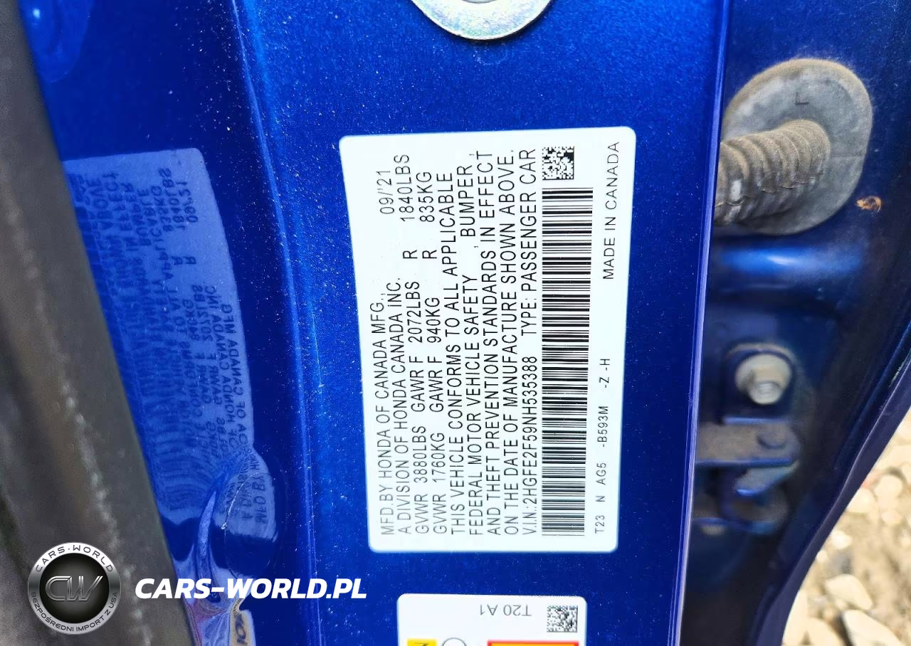 2022 Honda Civic Sport VIN:2HGFE2F59NH535388 - 12