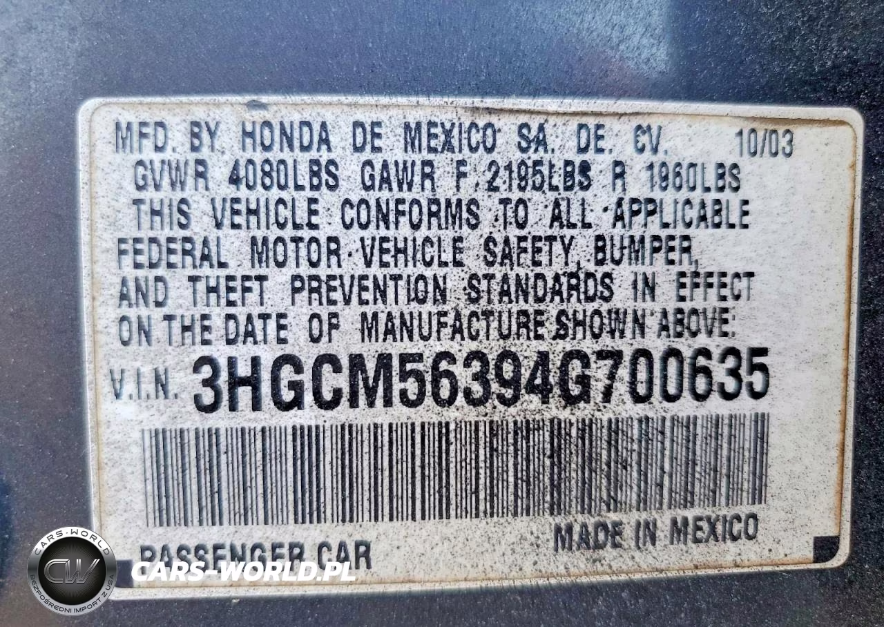 2004 Honda Accord Lx VIN:3HGCM56394G700635 - 12