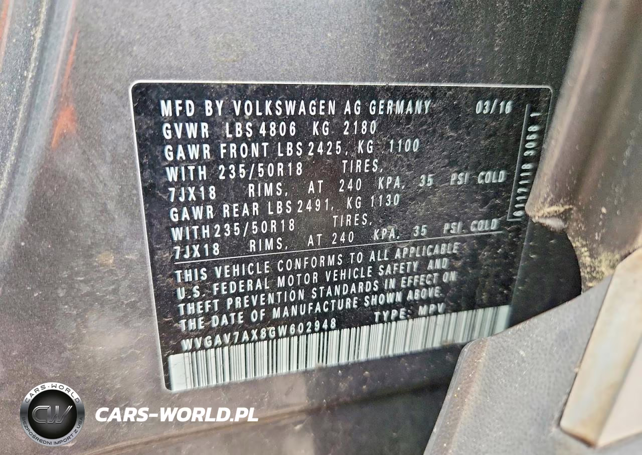 2016 Volkswagen Tiguan S VIN:WVGAV7AX8GW602948 - 13