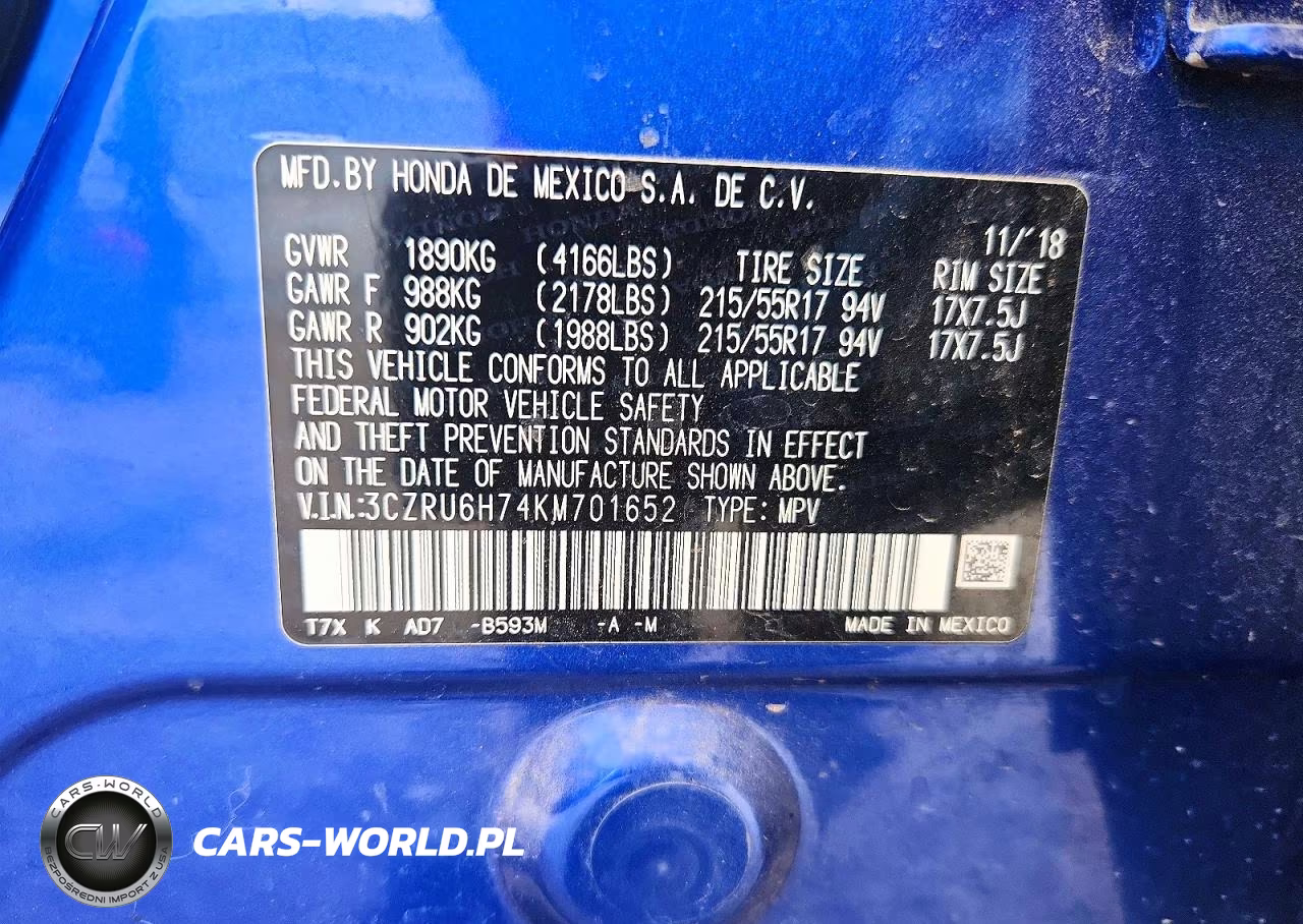 2019 Honda Hr-V Exl VIN:3CZRU6H74KM701652 - 13