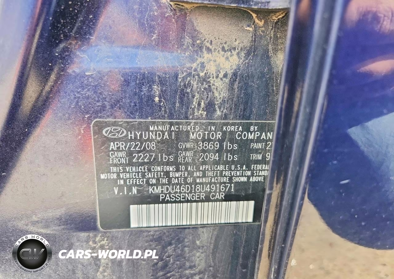 2008 Hyundai Elantra Gls VIN:KMHDU46D18U491671 - 12