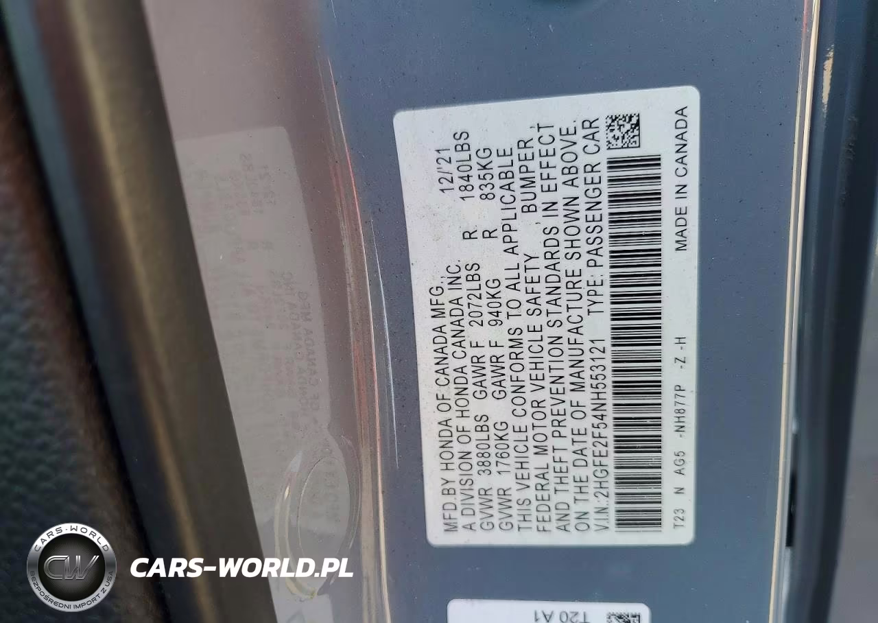 2022 Honda Civic Sport VIN:2HGFE2F54NH553121 - 12