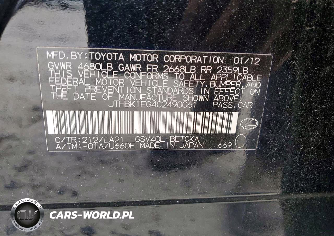 2012 Lexus Es 350 VIN:JTHBK1EG4C2490061 - 12