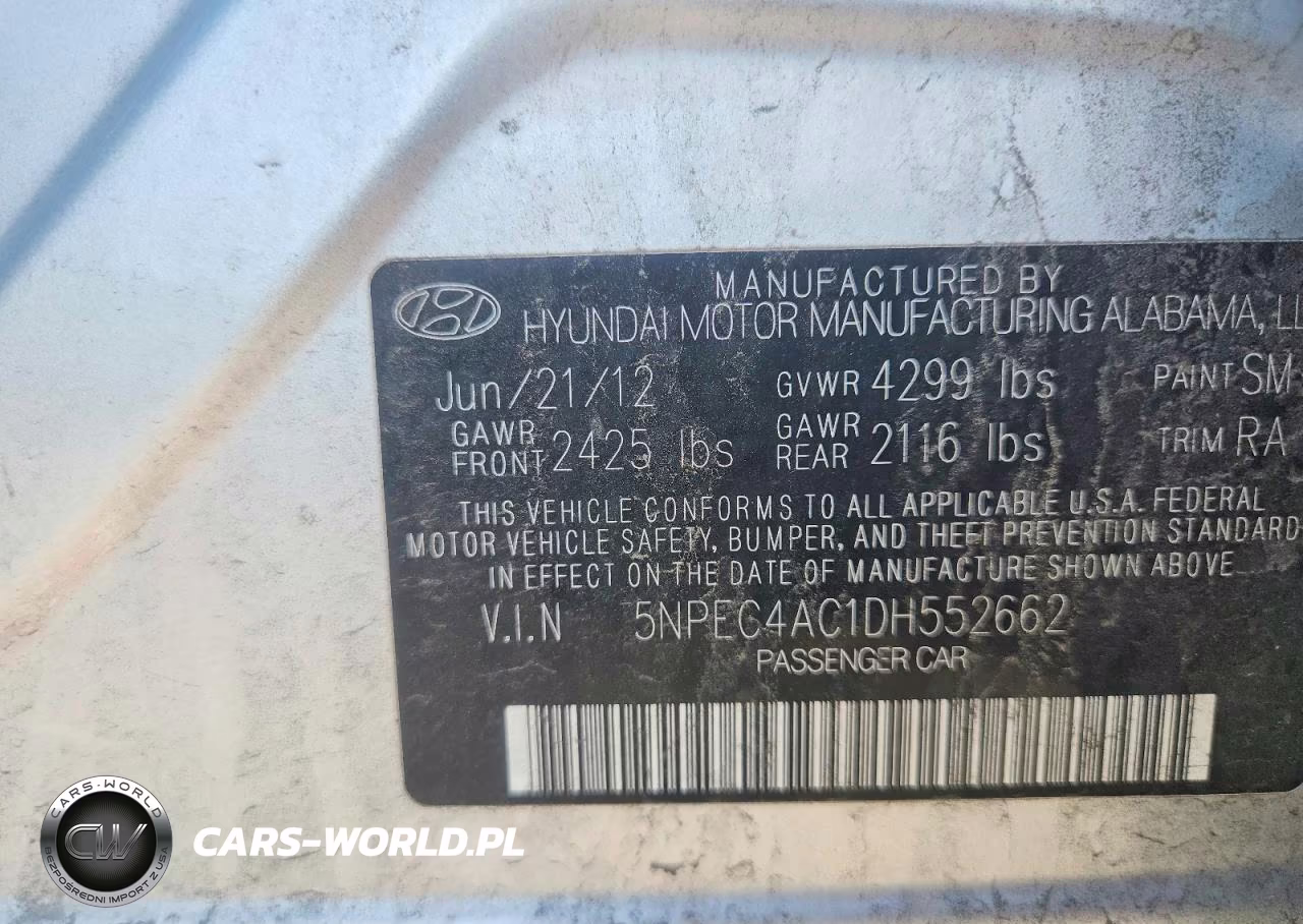 2013 Hyundai Sonata Se VIN:5NPEC4AC1DH552662 - 13