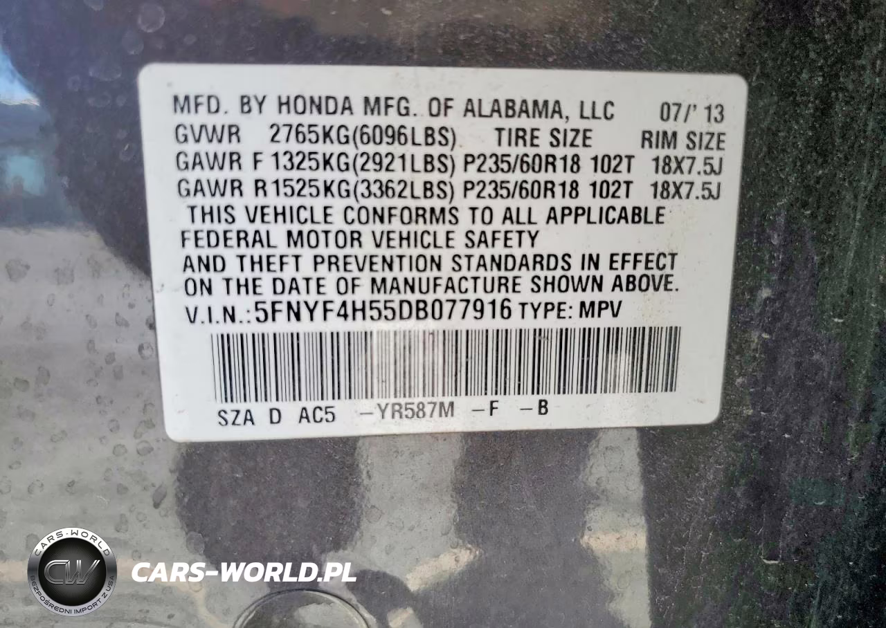 2013 Honda Pilot Exl VIN:5FNYF4H55DB077916 - 13