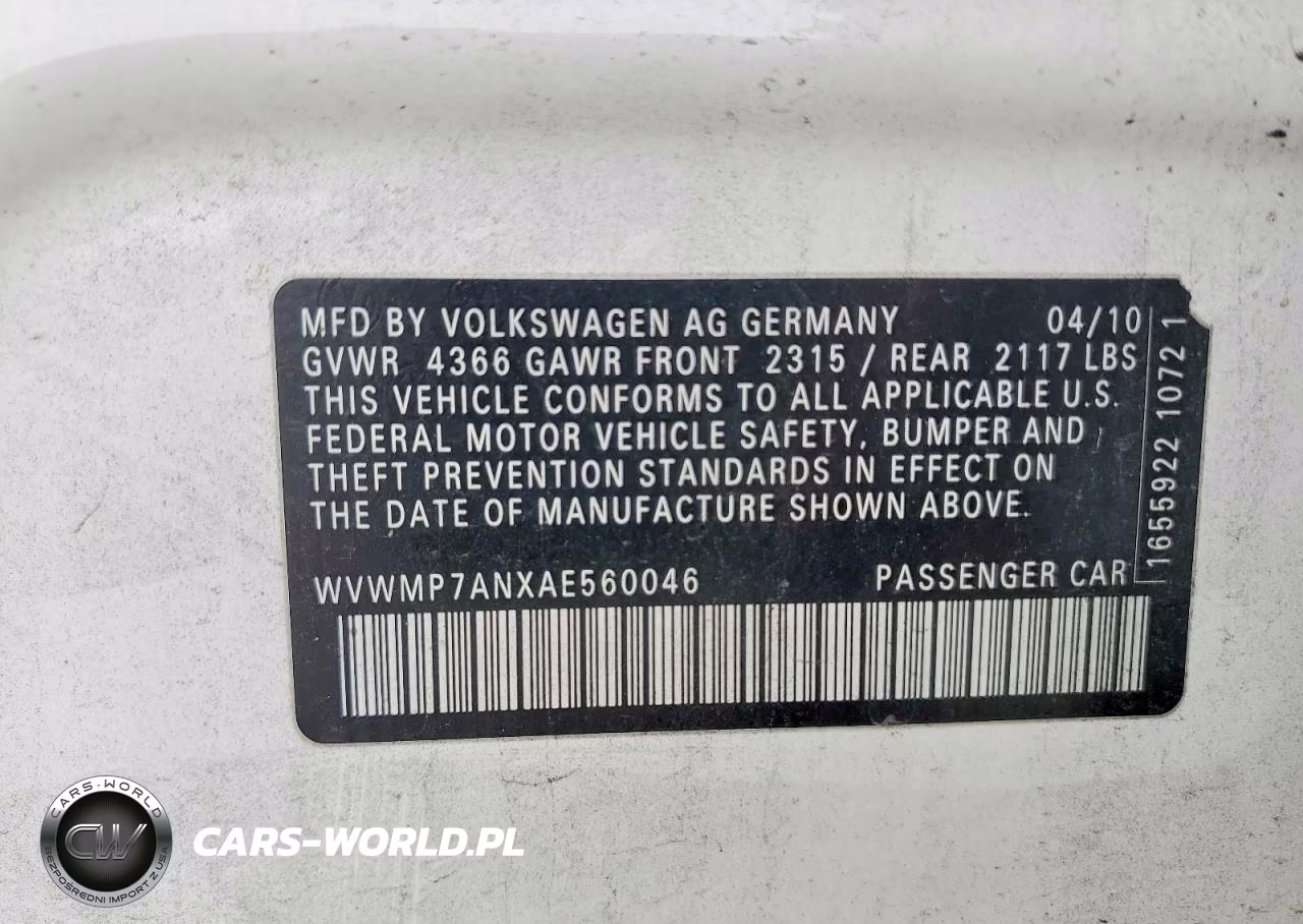 2010 Volkswagen Cc Sport VIN:WVWMP7ANXAE560046 - 12