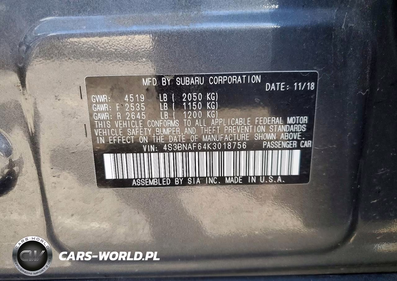 2019 Subaru Legacy 2.5I Premium VIN:4S3BNAF64K3018756 - 12