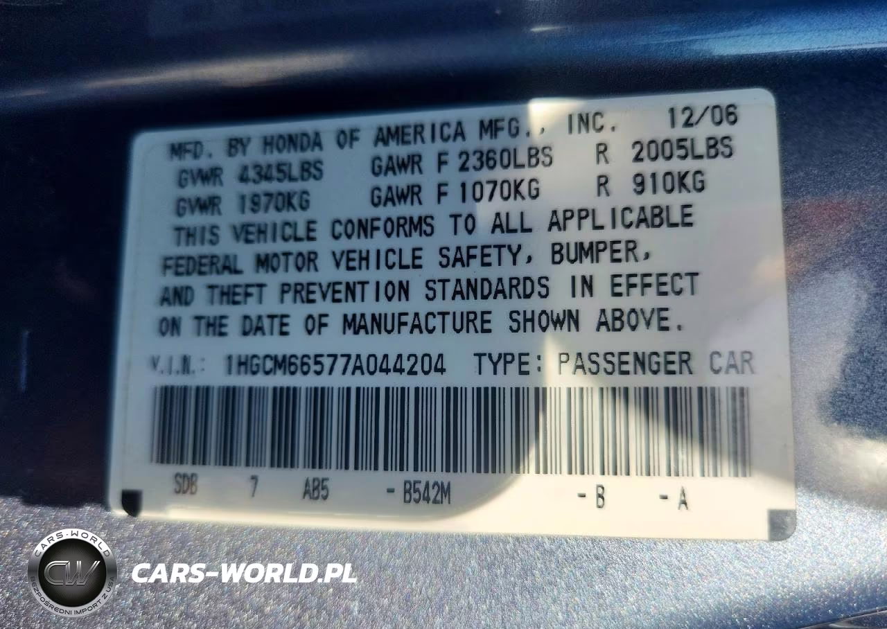 2007 Honda Accord Ex VIN:1HGCM66577A044204 - 12