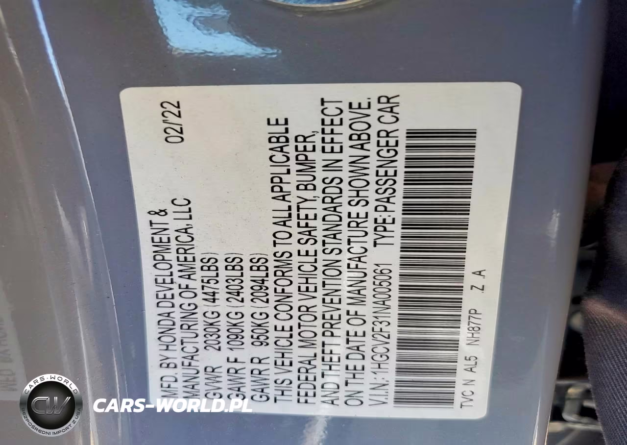 2022 Honda Accord Sport VIN:1HGCV2F31NA005061 - 12