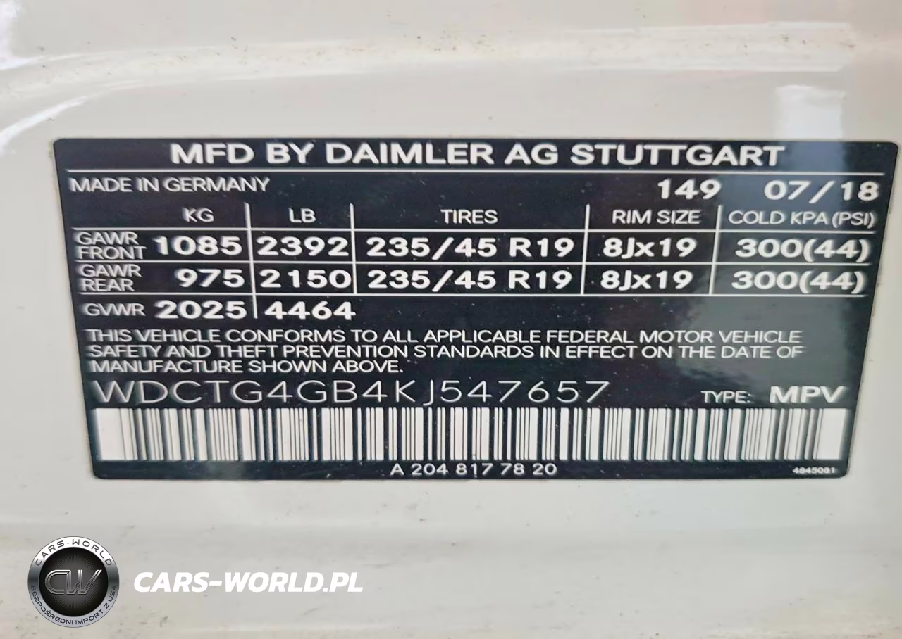 2019 Mercedes-Benz 250 VIN:WDCTG4GB4KJ547657 - 12