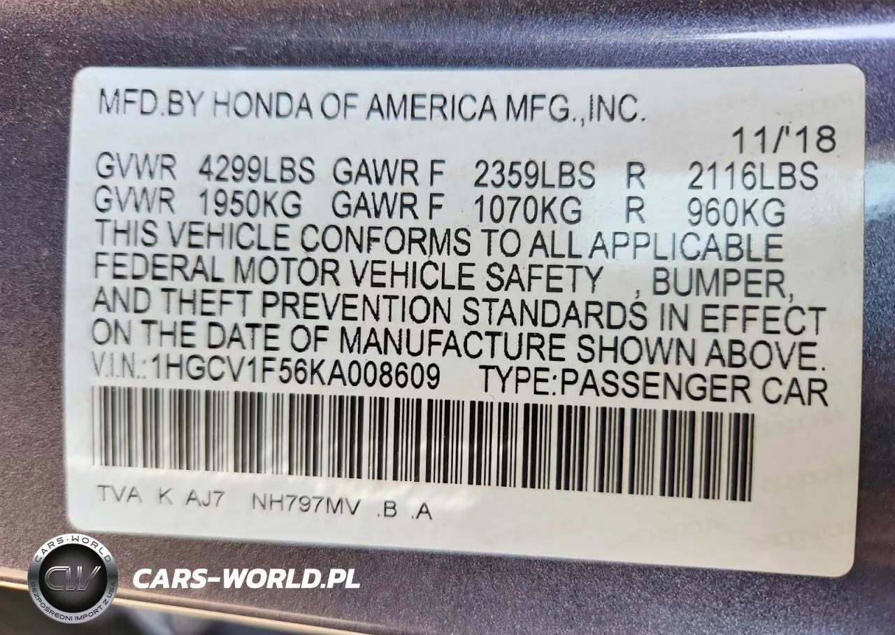 2019 Honda Accord Exl VIN:1HGCV1F56KA008609 - 12