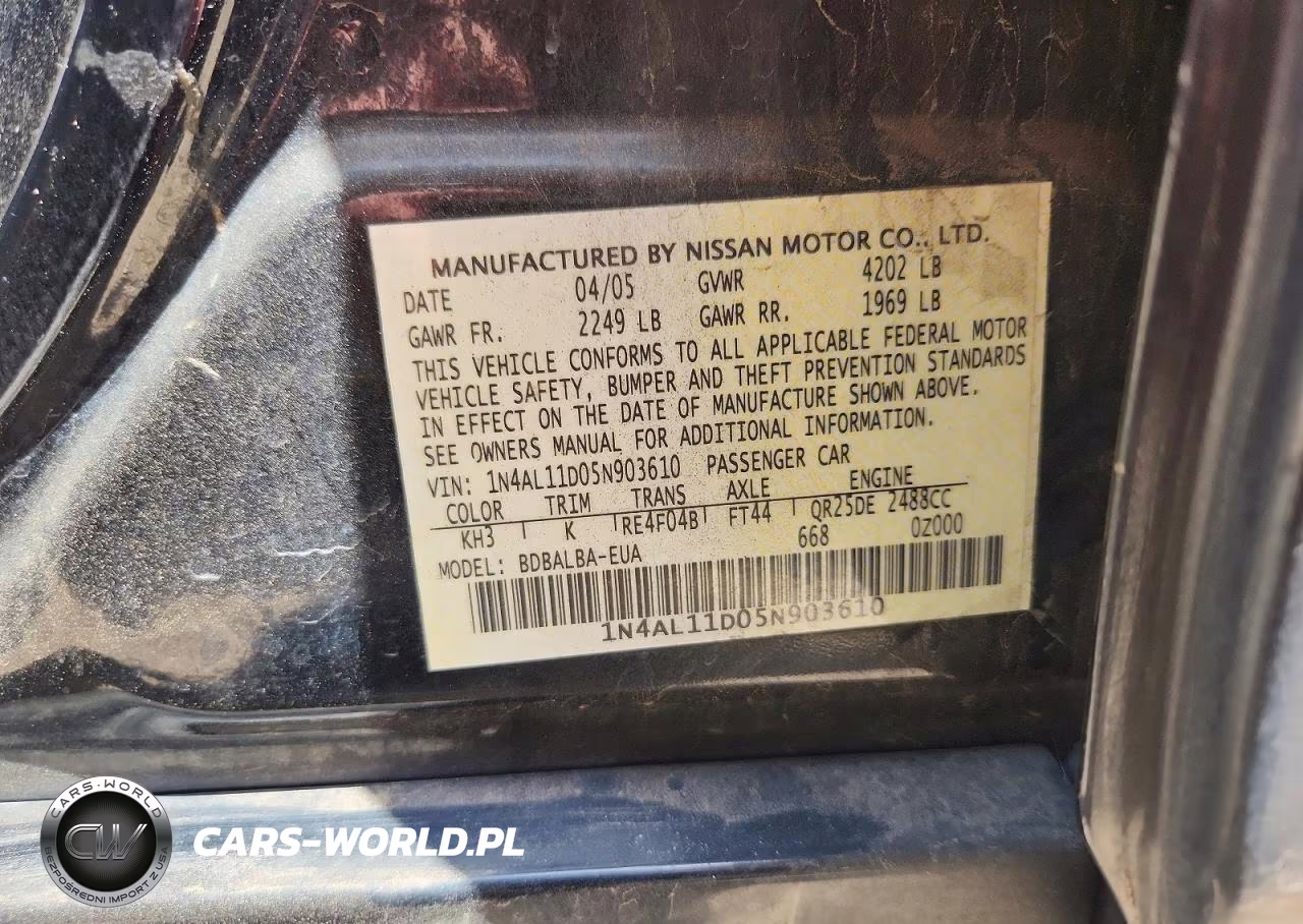 2005 Nissan Altima 2.5 VIN:1N4AL11D05N903610 - 12