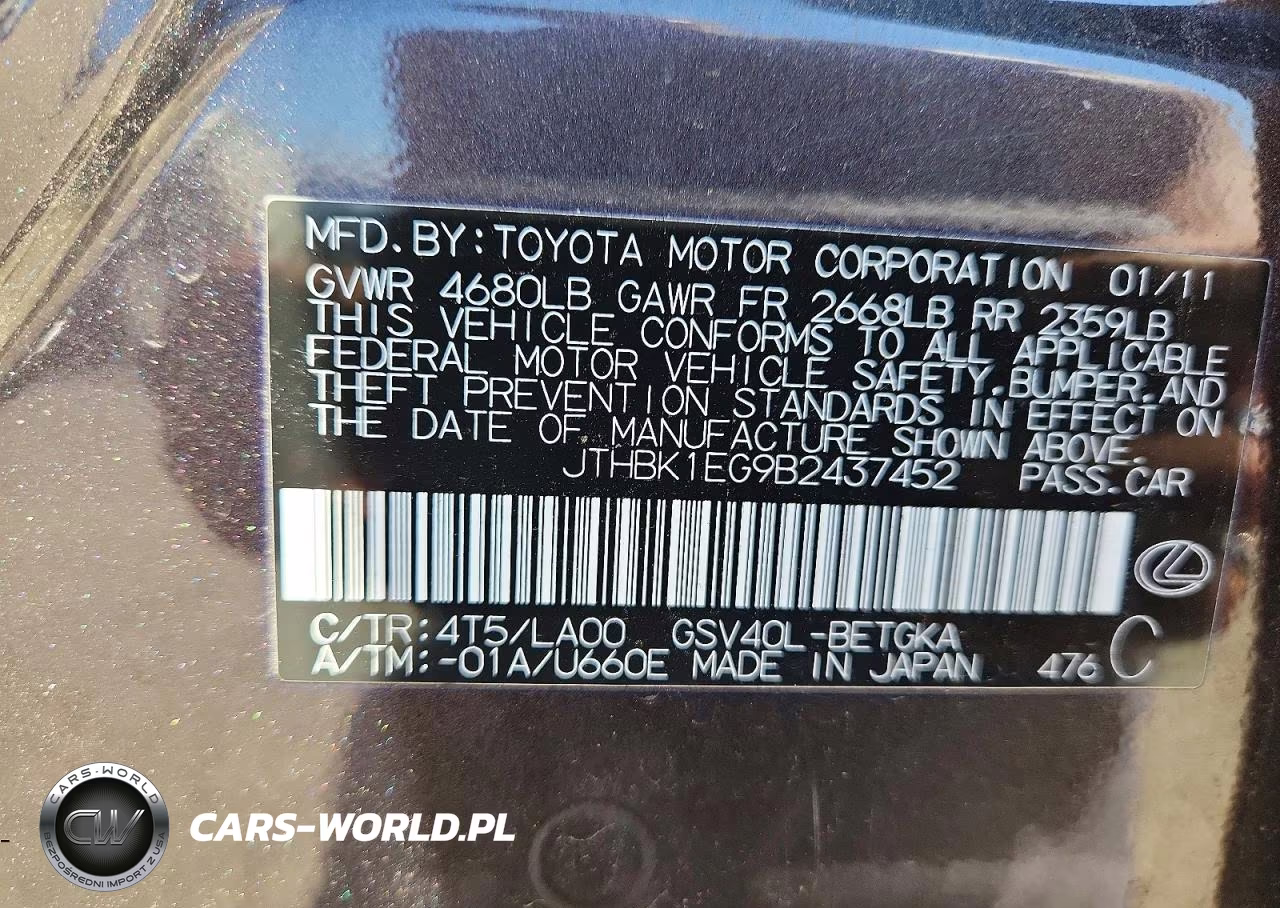 2011 Lexus Es 350 VIN:JTHBK1EG9B2437452 - 12