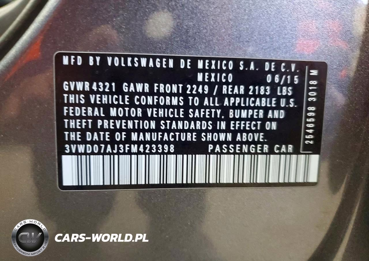 2015 Volkswagen Jetta Se VIN:3VWD07AJ3FM423398 - 12