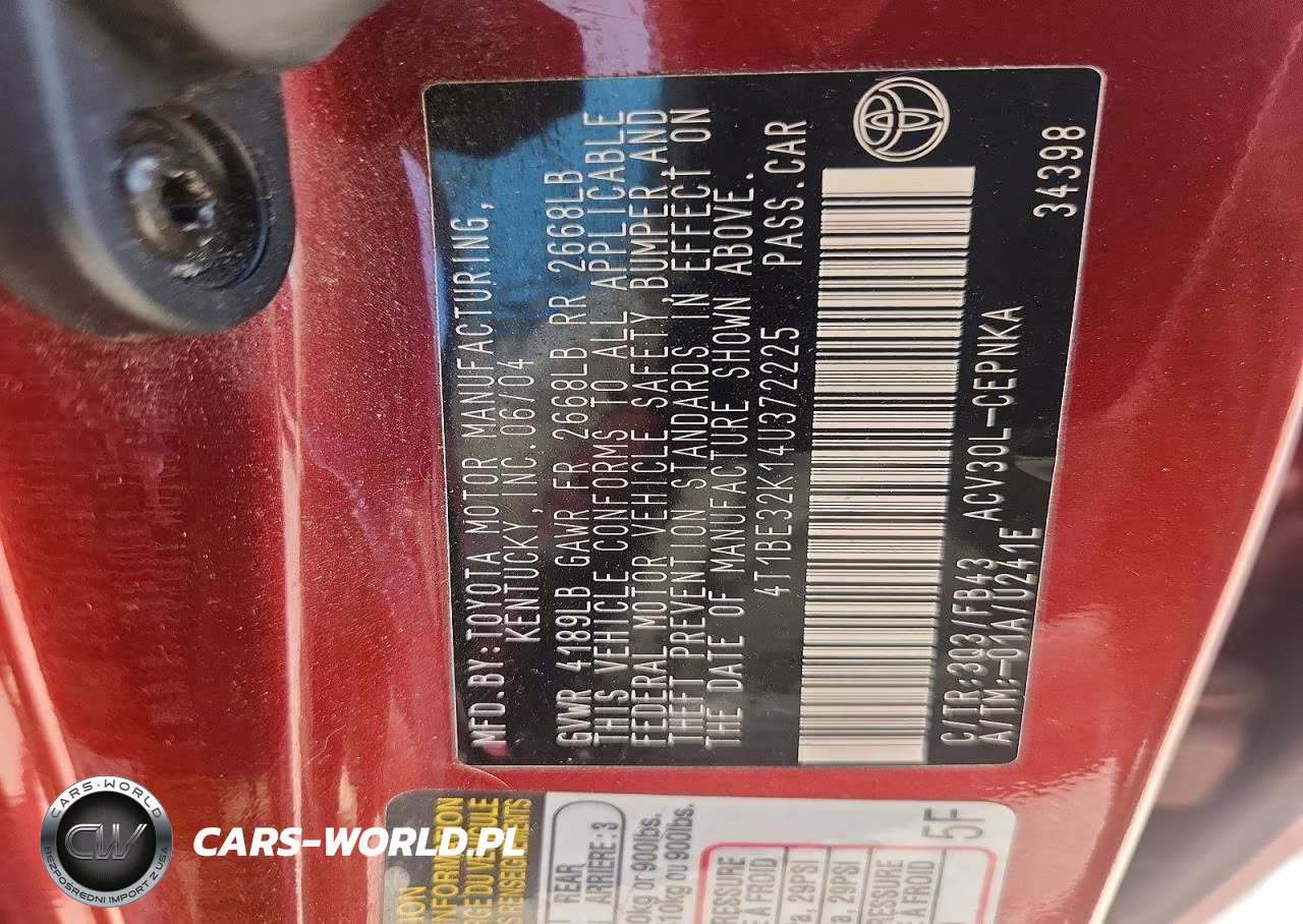 2004 Toyota Camry Le VIN:4T1BE32K14U372225 - 12