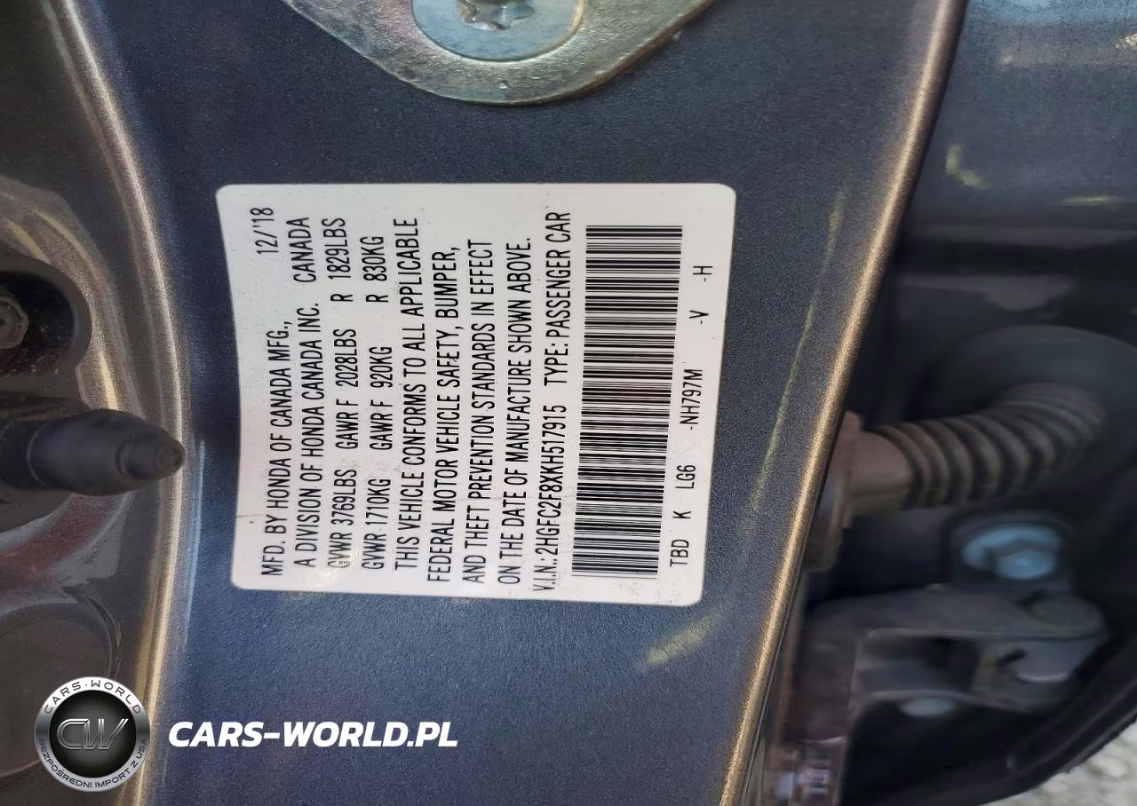 2019 Honda Civic Sport VIN:2HGFC2F8XKH517915 - 12