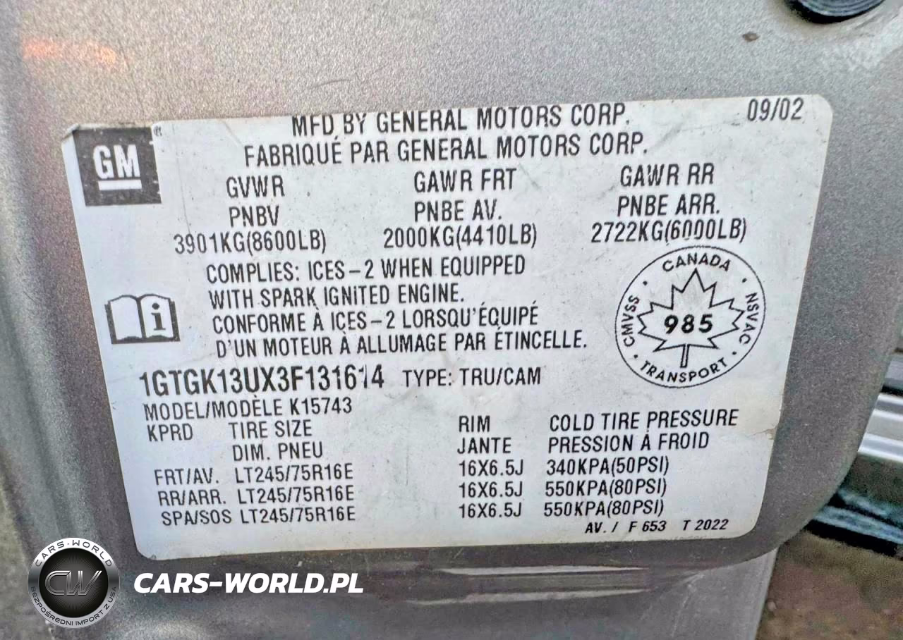 2003 GMC Sierra K1500 Heavy Duty VIN:1GTGK13UX3F131614 - 10