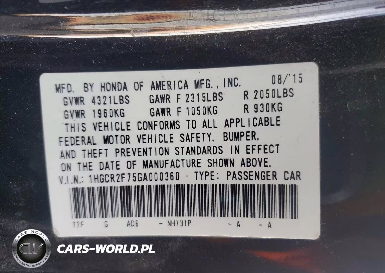 2016 Honda Accord Ex VIN:1HGCR2F75GA000360 - 12
