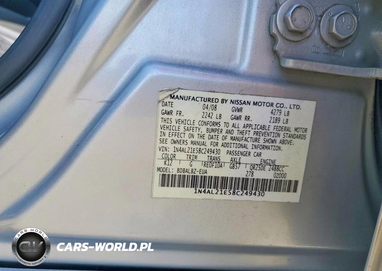 2008 Nissan Altima 2.5 VIN:1N4AL21E58C249430 - 12