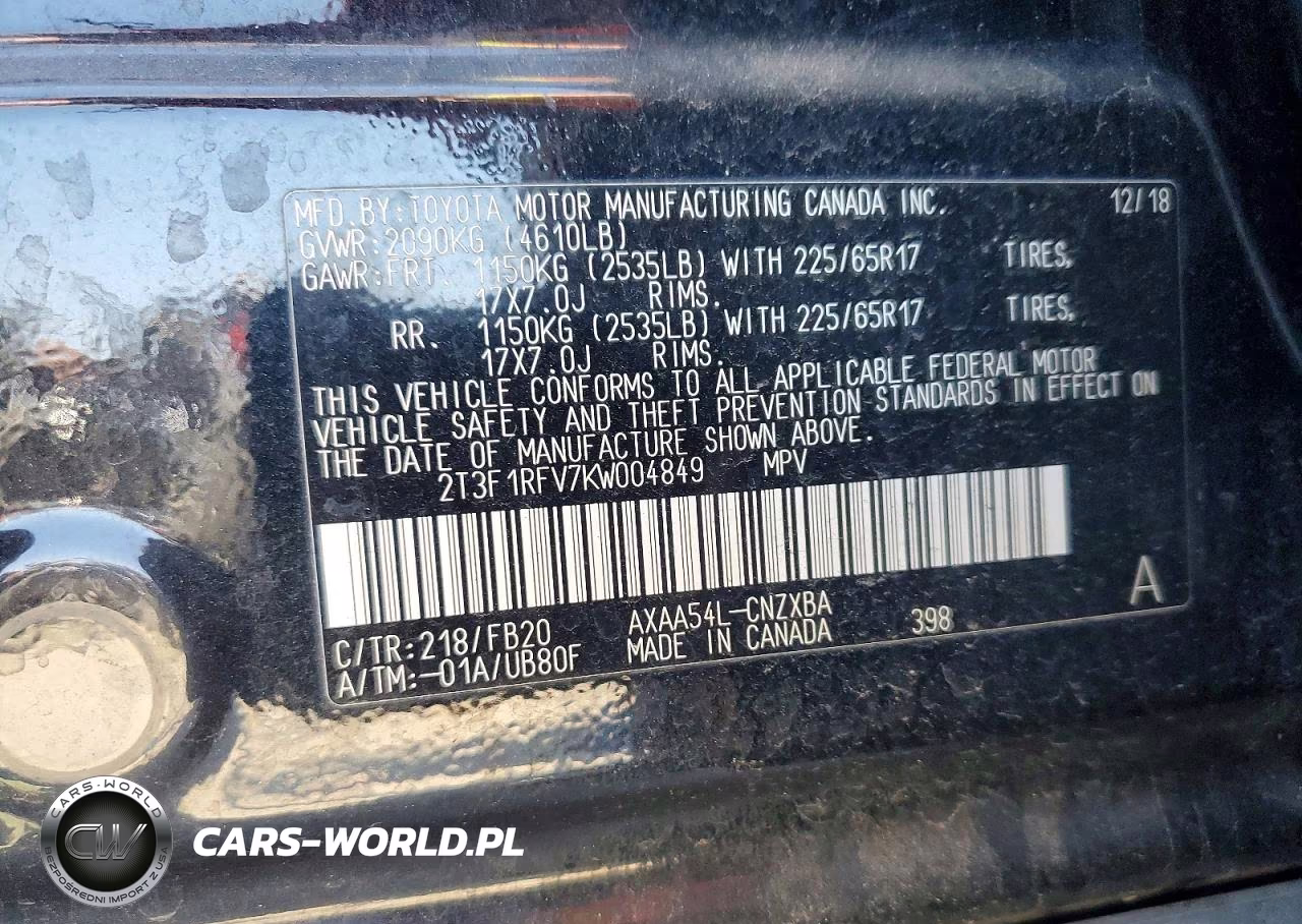 2019 Toyota Rav4 Le VIN:2T3F1RFV7KW004849 - 12