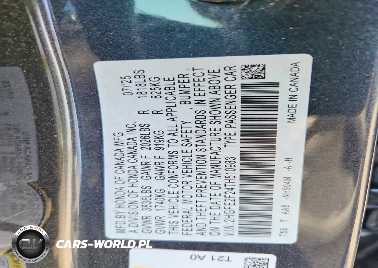 2026 Honda Civic Lx VIN:2HGFE2F24TH510983 - 12