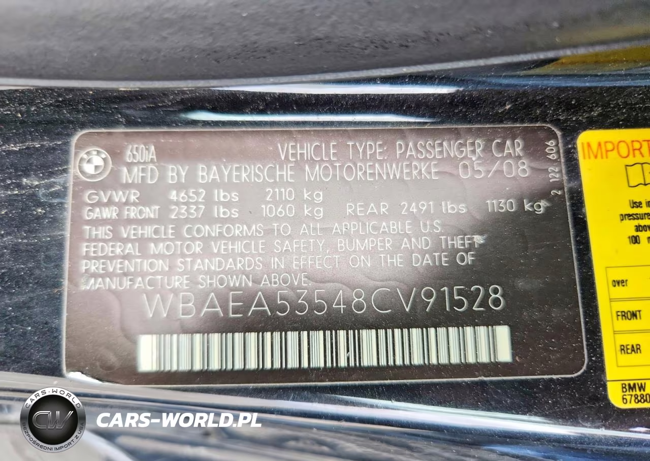 2008 BMW 650 I VIN:WBAEA53548CV91528 - 12
