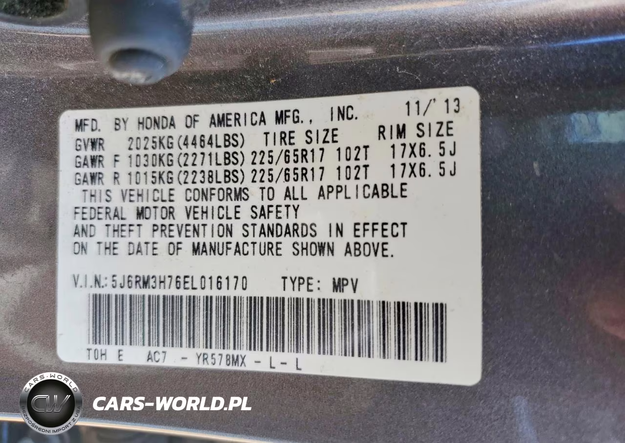 2014 Honda Cr-V Exl VIN:5J6RM3H76EL016170 - 12