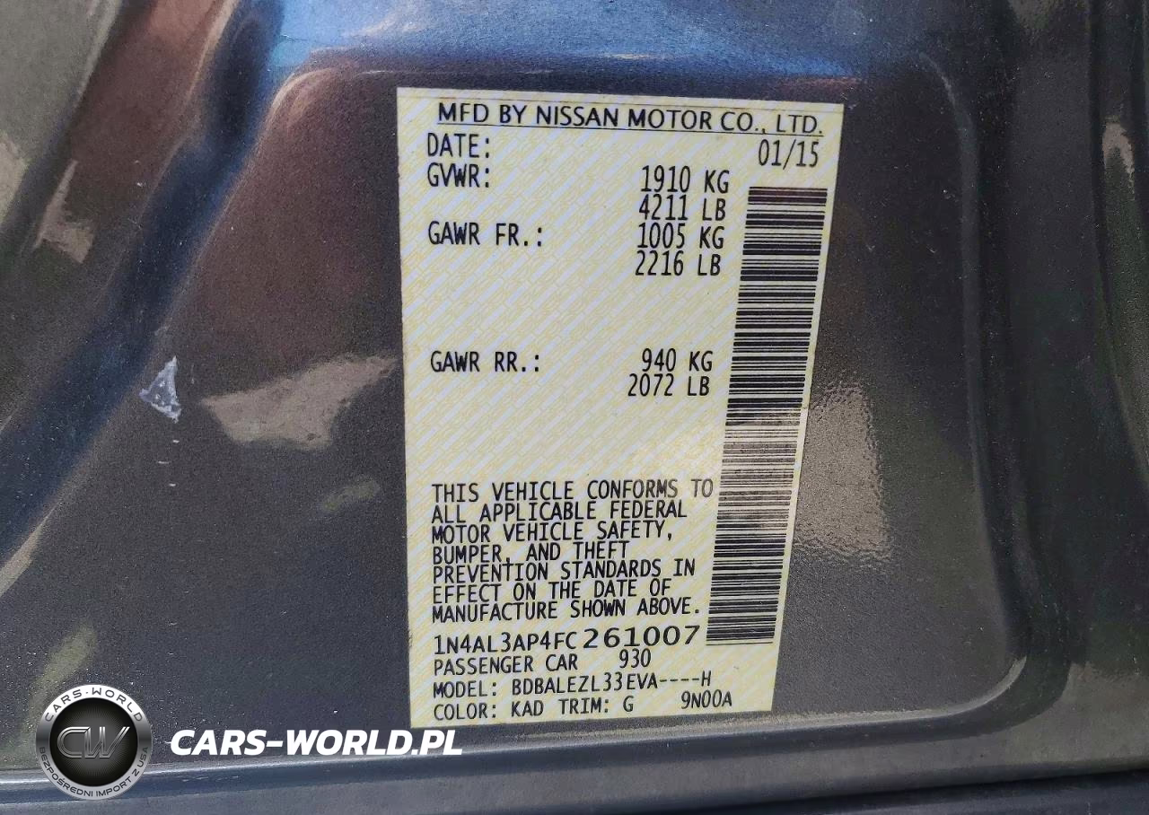 2015 Nissan Altima 2.5 S VIN:1N4AL3AP4FC261007 - 12