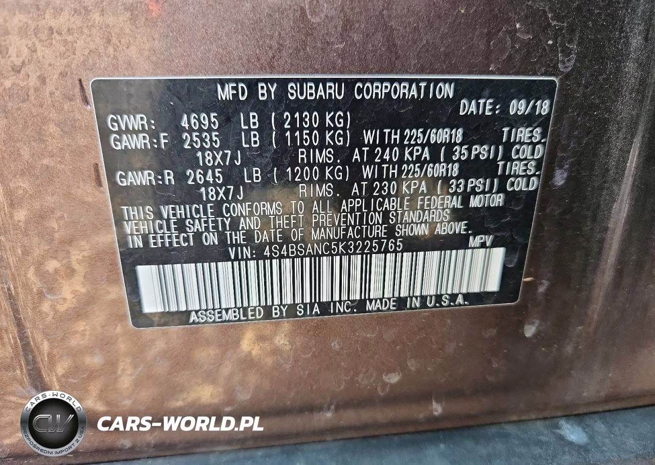 2019 Subaru Outback 2.5I Limited VIN:4S4BSANC5K3225765 - 12