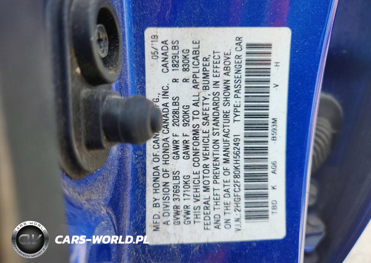 2019 Honda Civic Sport VIN:2HGFC2F80KH562491 - 13