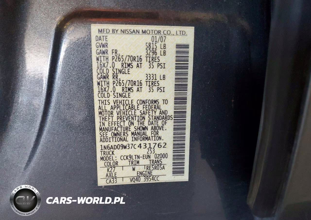 2007 Nissan Frontier Se VIN:1N6AD09W37C431762 - 12