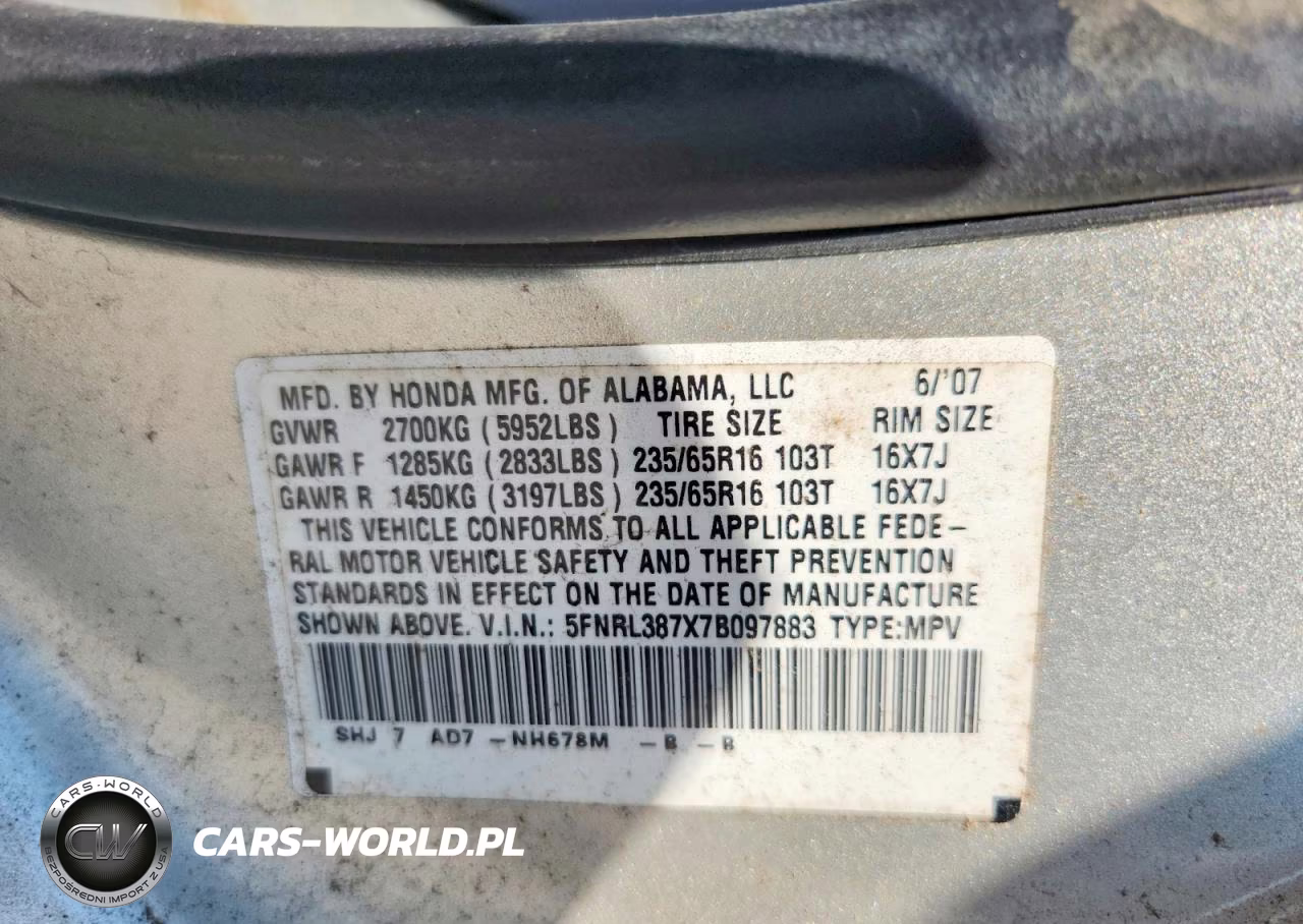 2007 Honda Odyssey Exl VIN:5FNRL387X7B097883 - 13